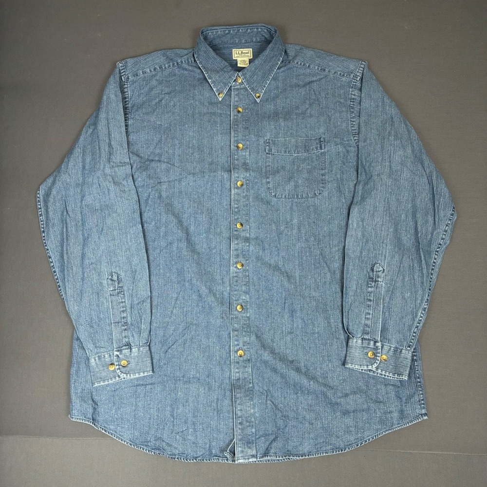 L.L.Bean Men's Blue Chambray Denim Long Sleeve Button Down Shirt Size XL Tall